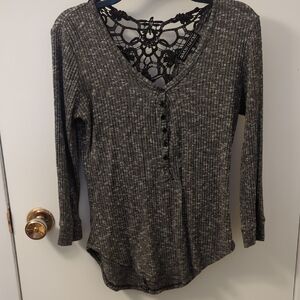 Almost Famous Gray Ribbed Blouse with Lace Detail